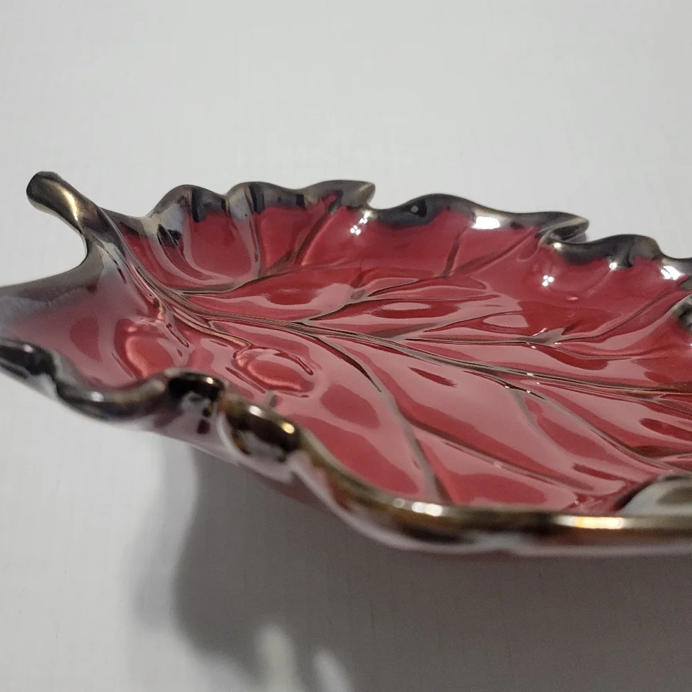 Stoneware Hand Painted Red Leaf bowl with gold trim
